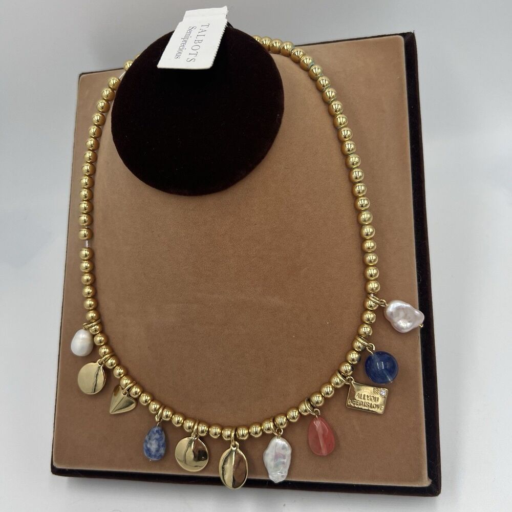 Talbots Necklace Gold Tone Semiprecious Stones & Pearls Heart Quartz NWT 18"